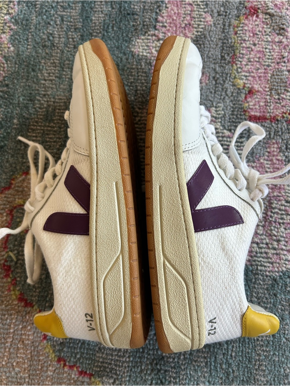 Veja V-12 White Leather Sneakers with Purple V and Yellow Heel Tab - Picture 5 of 8